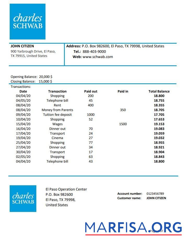 Blank USA Charles Schwab & Co bank proof of address statement word example